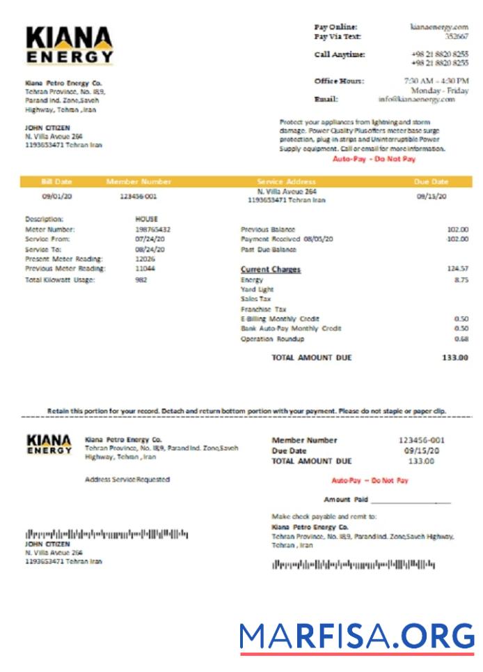 Printable Iran Kiana Petro Energy Co utility bill download for verification